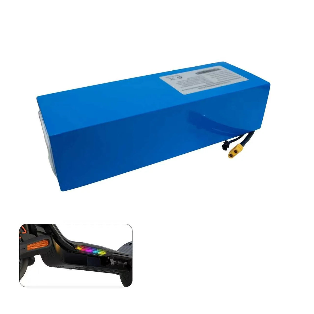 Cunfon RS500 replacement blue lithium battery pack showing main power unit and under-deck scooter fitment view.