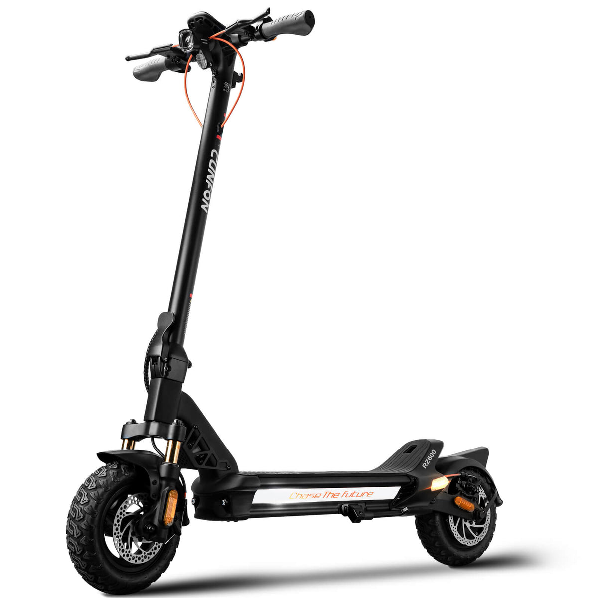 Cunfon RZ600 adult electric scooter front low-angle view showing dual hydraulic front suspension, disc brakes, headlight, and Chase The Future deck design on white background.