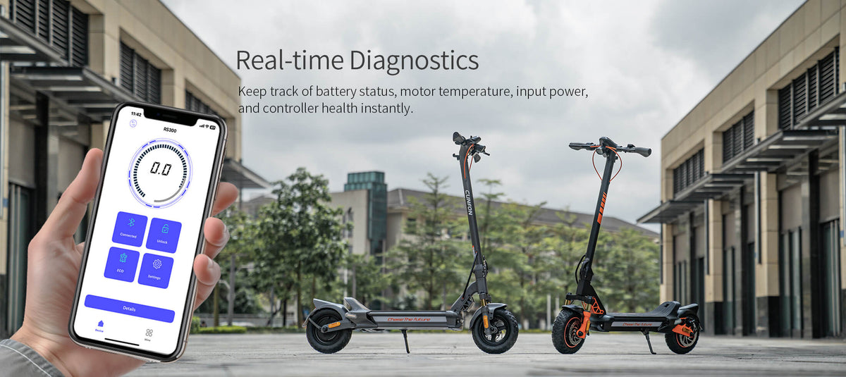 CUNFON e-scooter app dashboard showing real-time diagnostics for battery status, motor temperature, and controller health, with two scooters parked outdoors.
