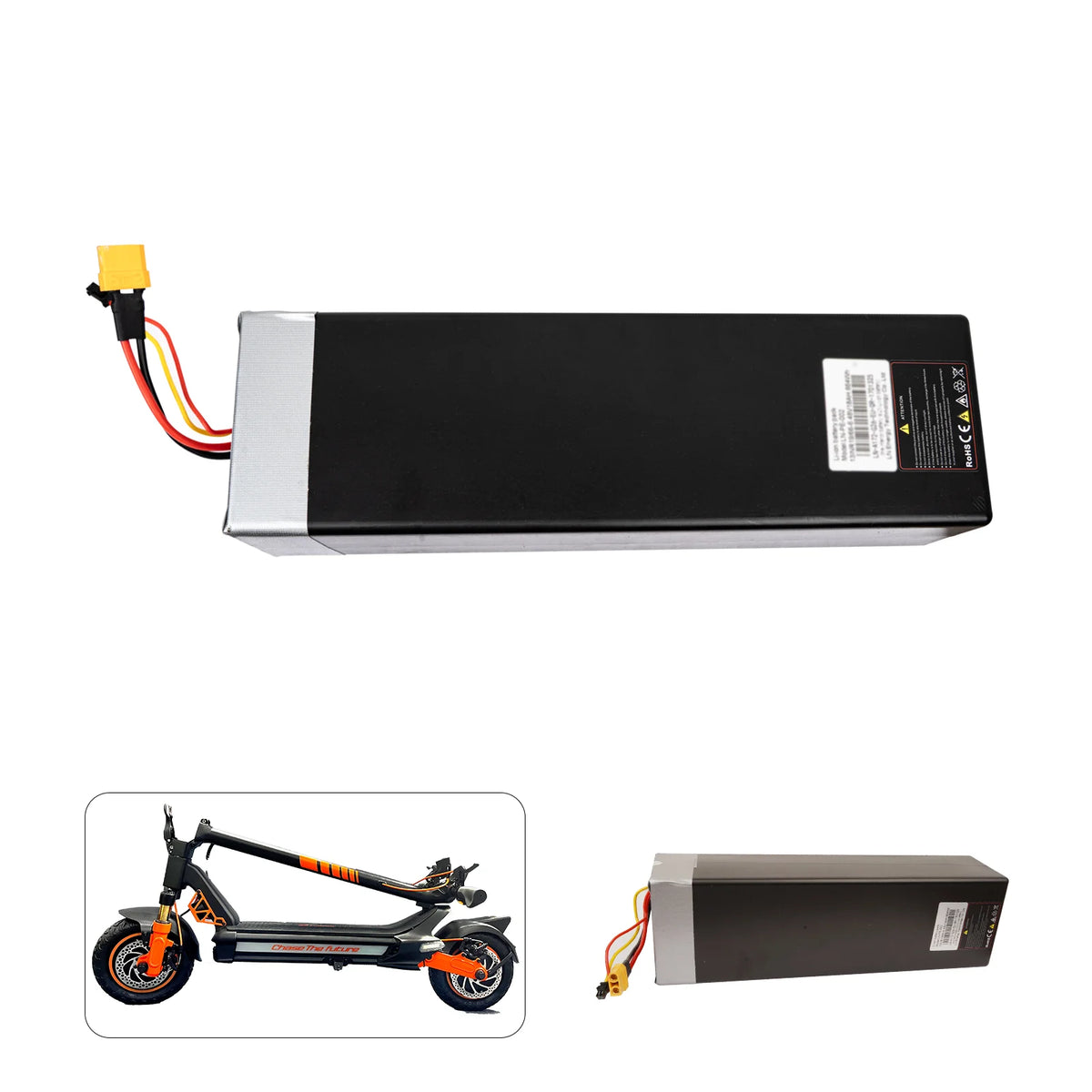 Cunfon RZ1000 electric scooter replacement lithium-ion battery pack with yellow connector and two compatible versions.