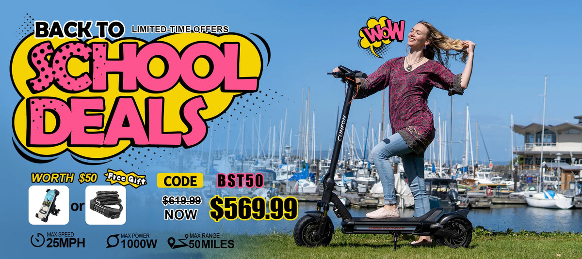 CUNFON RZ600 electric scooter back to school desktop banner featuring woman riding near marina with promo code BST150, 1000W power, 25 MPH speed, and 50 miles range.