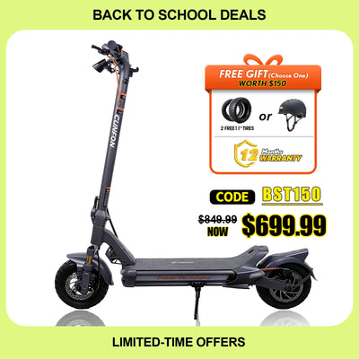 CUNFON RZ800 electric scooter back to school deal featuring free gift choice of 11-inch tires or helmet worth 150 dollars plus.