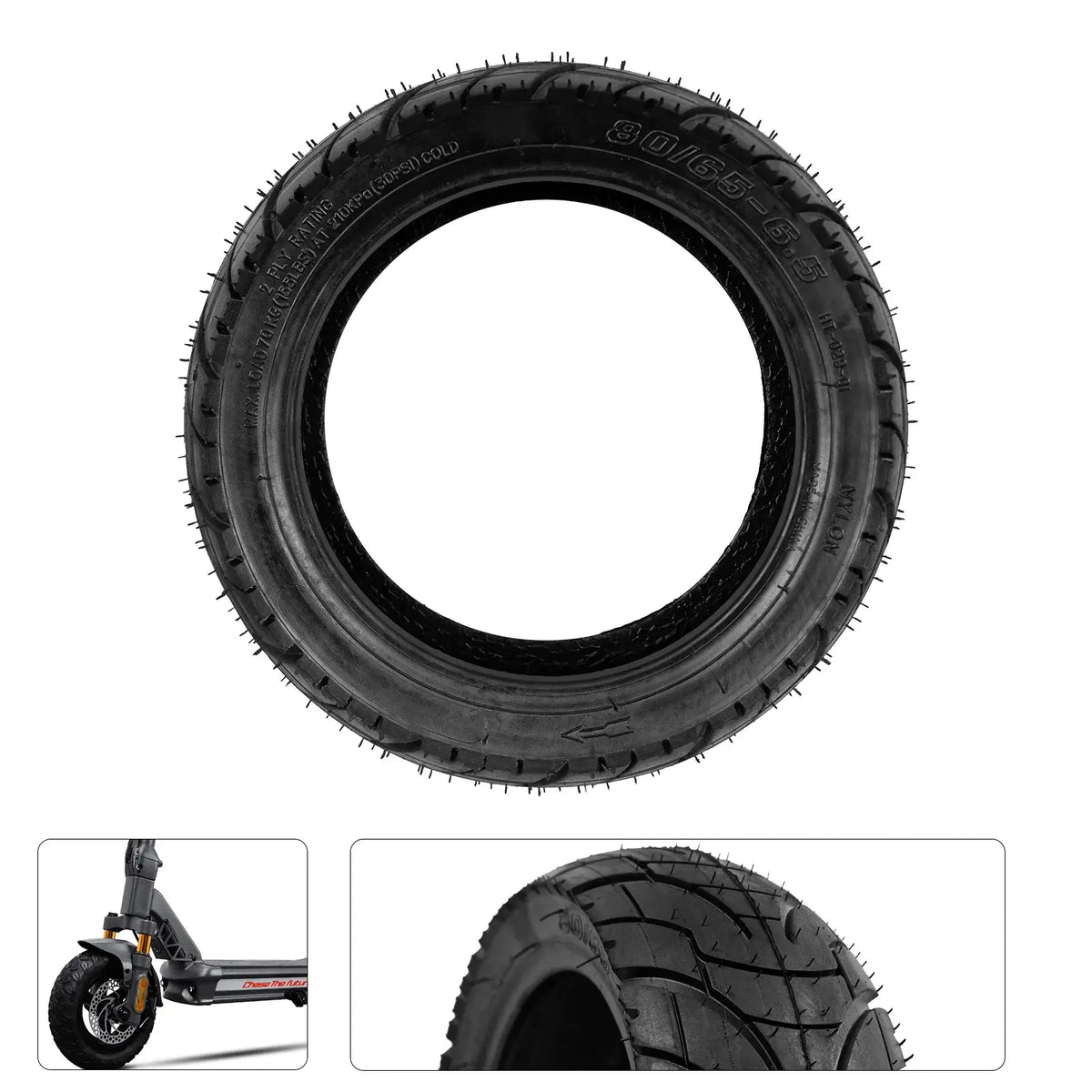 10.5-inch 80/65-6.5 off-road tubeless tire replacement for Cunfon RZ800 and RZ1000 electric scooters showing sidewall profile and mounted wheel view#tire-size_10-5-inch